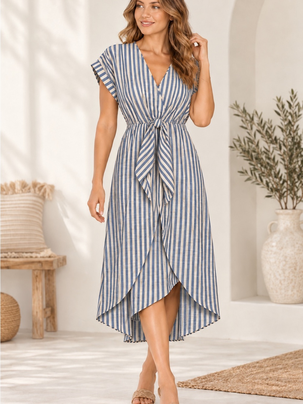 Cupshe Blue and White Striped V-Neck Tie-Waist High-Low Dress
